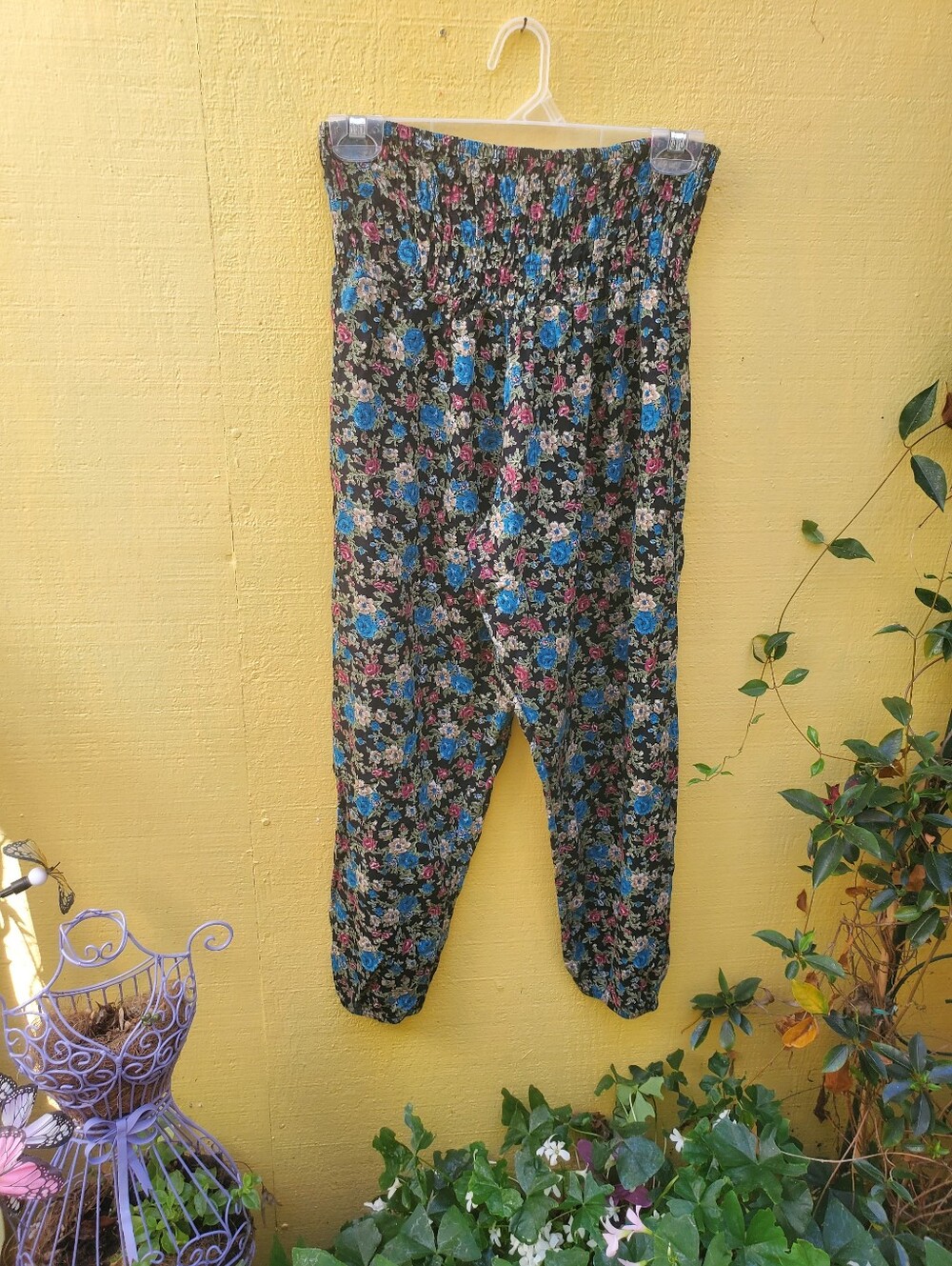 Floral Smocked Waist Harem Pants - Blue & Pink Flowers